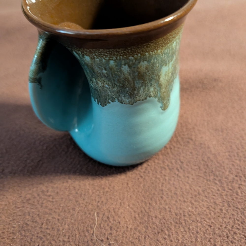Handcrafted Ceramic Mug - Brown and Blue; Left Handed Hand Warming Mug
